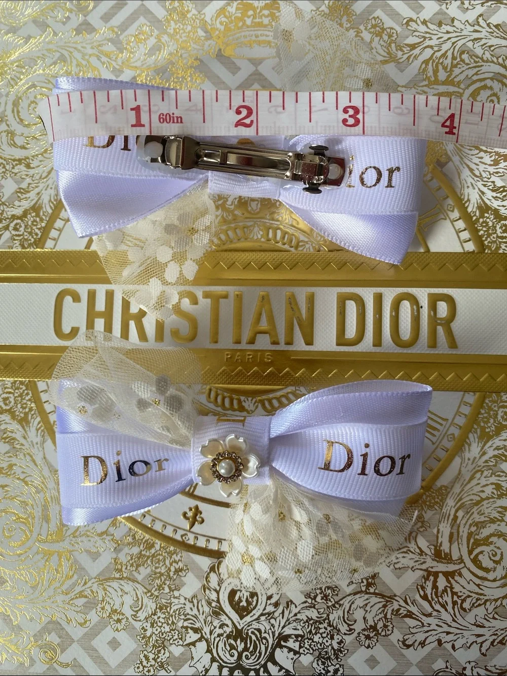 Handmade Girls Dior Lavender Ribbon Bow Hair Clips with Gold Accents
